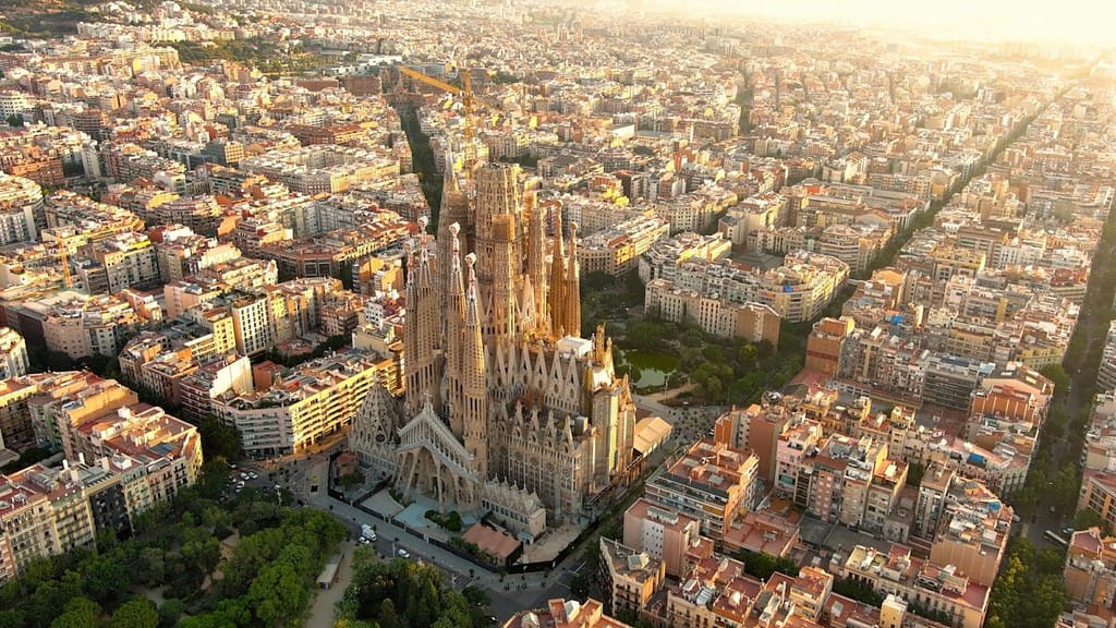 Aerial view of Barcelona City Skyline and Sagrada Familia Cathedral